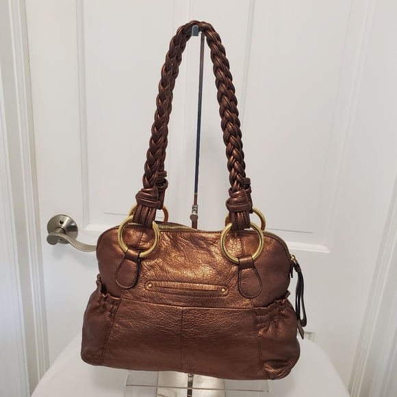 B. Makowsky Copper Metallic Pebble Grain Leather Shoulder Bag Goldtone Hardware - Picture 5 of 12